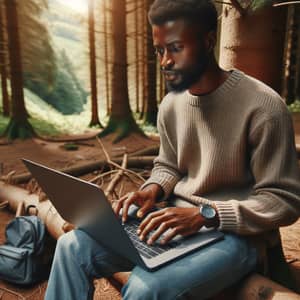 Black Man Using Laptop in Forest - Nature Technology Connection