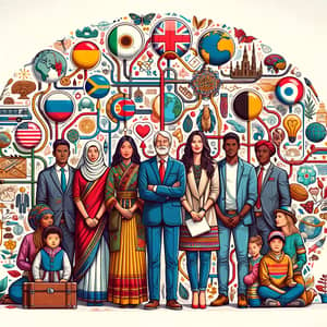 Global Citizenship Illustration with Diverse Individuals and Cultural Symbols