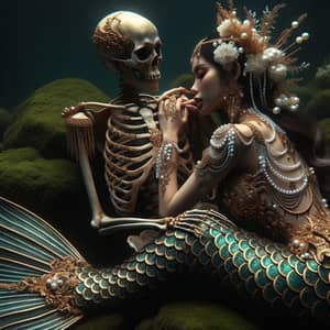 Elegant Mermaid Embracing Merfolk Deity in Mystical Aquatic Scene