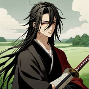 Anime Houseki no Kuni Inspired Character Art | Long Black Hair, Katana, Red Robe