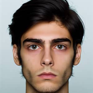 22-Year-Old Man with Distinctive Black Hair and Grey Eyes