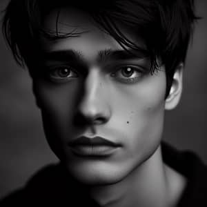 Dramatic Black and White Portrait of Young Man with Intense Focus