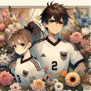 Anime Boy & Girl Soccer Players | Floral Background Art
