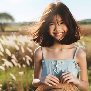 Joyful Asian Girl in Sunlit Meadow | Tranquil Nature Scene