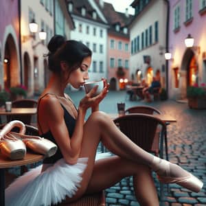 Hispanic Ballerina Enjoying Drink on European Cobblestone Street