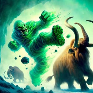 Mystical Slime Creature Battles Mammoths in Enchanted Realm