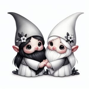 Adorable White Gnomes Holding Hands - Magical Illustration