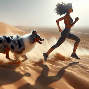 Athletic South Asian Woman Sprinting with Australian Shepard in Desert