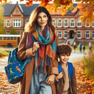 Autumn Walk to Primary School: Middle-Eastern Mother and Son