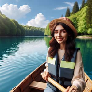 Hispanic Female Riding a Boat on Peaceful Lake