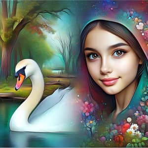 Captivating Digital Art of Young Circassian Girl with Swan in Enchanting Forest
