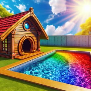 Vibrant Dog House and Rainbow Pool Scene Outdoors