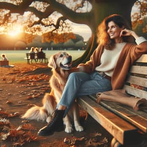 Middle-Eastern Woman with Golden Retriever in Autumn Park