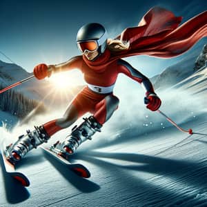 Professional Woman Skier Champion Speeding Down Snowy Mountain