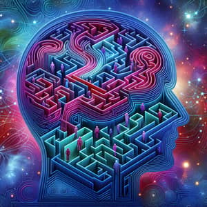 Mind Maze Illustration: Diverse Figures Wandering Among Brain Pathways