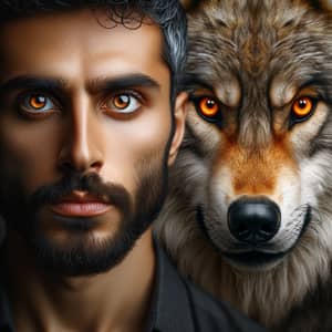 Middle Eastern Man Standing with Angry Wolf