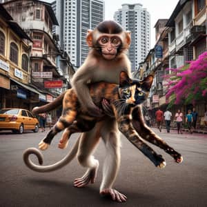 Inquisitive South Asian Monkey Grabs Startled Cat