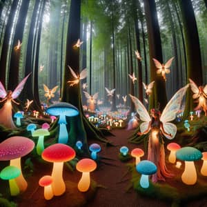 Enchanting Woodland with Glowing Mushrooms and Fairies