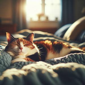 Languid Calico Cat Lounging on Cozy Bed | Sunny Day Bliss