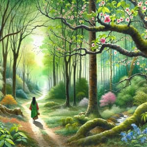 Serene Spring Forest Watercolor Painting with Asian Female Figure