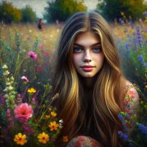 Young Girl in Vibrant Wildflower Field | Dream-like Impressionist Portrait