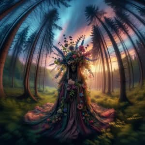 Enchanting Magical Forest Scene at Dusk with Mysterious Figure