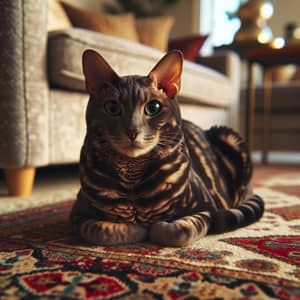 Glossy Manx Cat on Cozy Rug in Elegant Indoor Setting