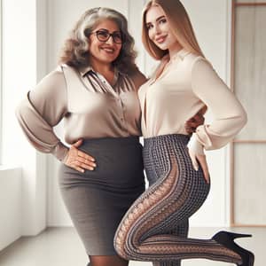 Diverse Women Embracing in Office: Plus Size, 50 Years Old