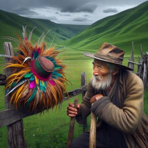 Asian Shepherd Intrigued by Flamboyant Feathered Hat