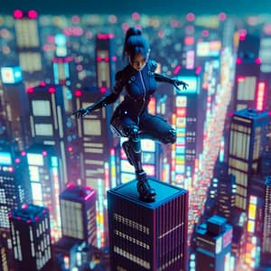Futuristic Nighttime Cityscape: Cyberpunk East Asian Female Cyborg