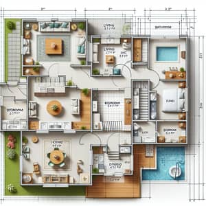 Detailed Floor Plan Design with Kitchen, Living Room, Bedrooms, Bathrooms