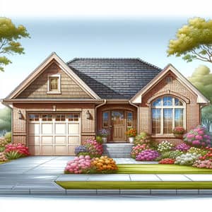 Classic Single-Story Suburban House with Brick Facade and Blooming Flowers