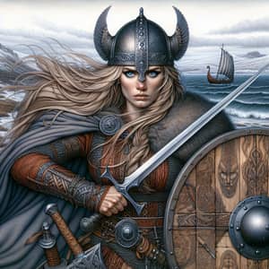 Nordic Viking Woman: Neotraditional Art with Sword and Shield
