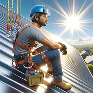 South Asian Worker on Metallic Standing Seam Roof | Safety Illustration