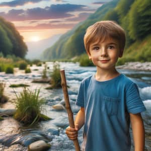 Young Boy by River in Blue T-Shirt | Beautiful Sunset Landscape