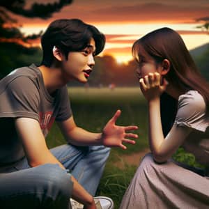 Engaging Conversation Between Korean Boy and Girl at Sunset in Park Setting