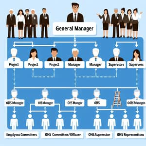 Organizational Chart Roles: GM, PM, OHS Mgr, Supervisors, OHS Supervisor, Employees, OHS Committee & Representatives