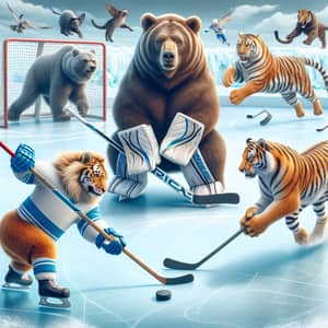Ferocious Animals Playing Ice Hockey - Thrilling Encounter on Ice