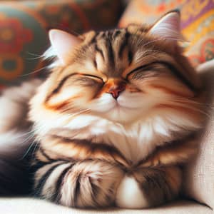 Cute Domestic Cat on Soft Cushion | Relaxing Striped Kitty