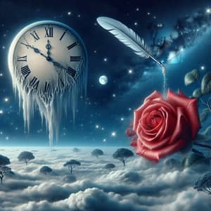 Surrealistic Scene with Floating Clock and Giant Rose Bud