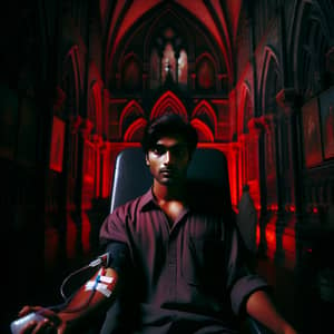 South Asian Male Donating Blood in Dramatic Gothic Cathedral