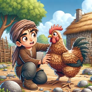 Quirky Encounter: Middle-Eastern Boy Teasing Chicken in Rustic Village