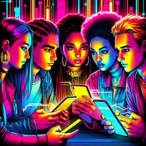 Diverse Group Embracing Social Media: Cyberpunk Artwork
