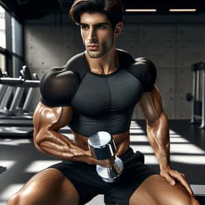 Middle-Eastern Fitness Model Demonstrates Bicep Curl in Modern Gym