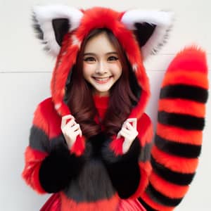 Charming South Asian Girl in Vibrant Red Panda Costume