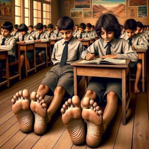 Middle-Eastern School children Studying Barefoot