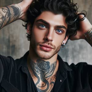 Tall Caucasian Man with Blue Eyes and Curly Black Hair