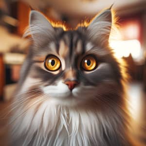 Fluffy Domestic Cat with Vibrant Yellow Eyes