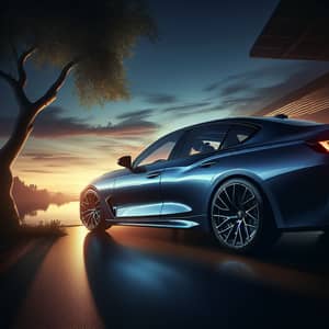 Sapphire Blue Car at Sunset | Aerodynamic Design with Silver Alloy Wheels