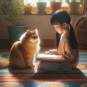 East Asian Girl with Ginger Cat | Tranquil Scene in Sunlit Room